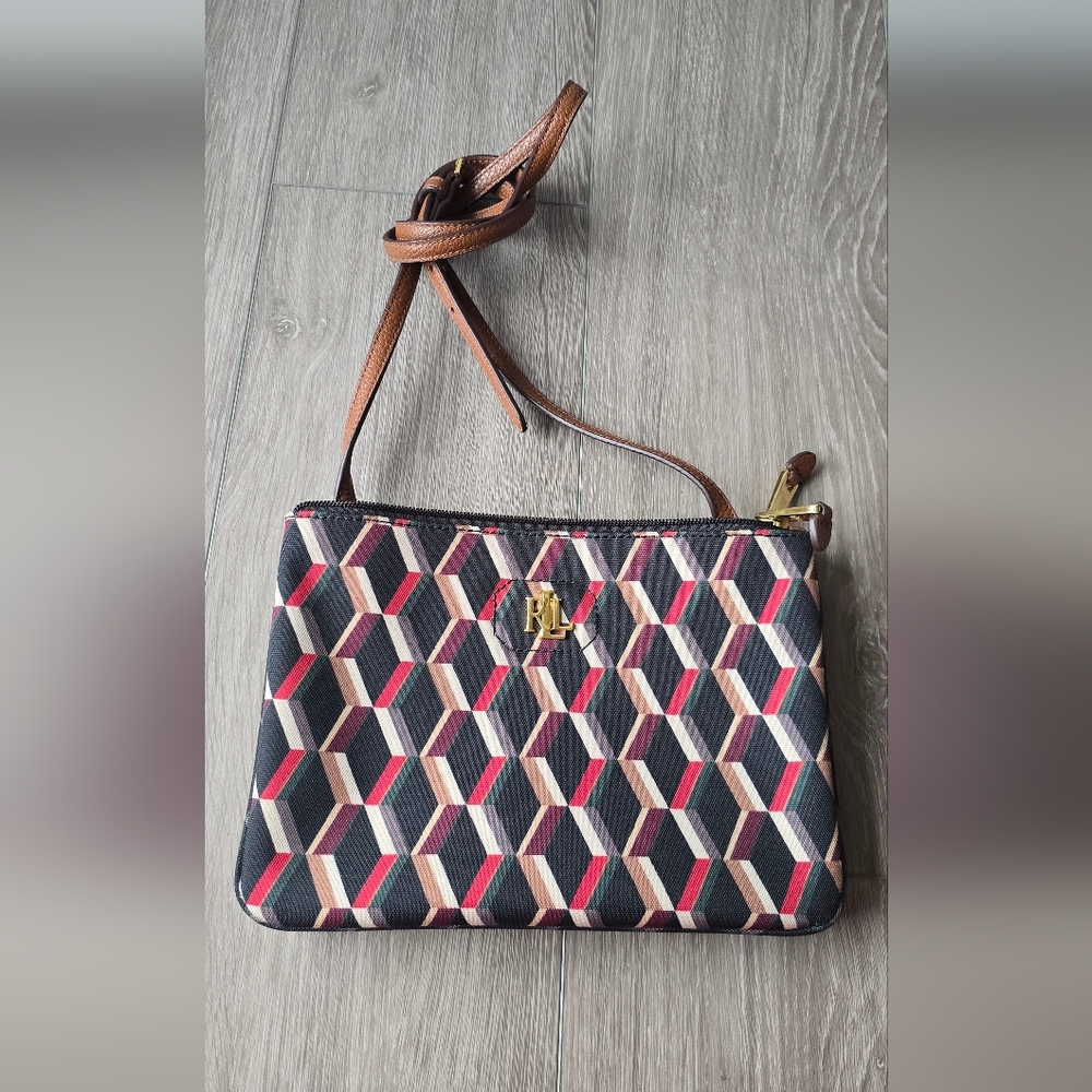 LRL Lauren Ralph Lauren Geometric Cube Print Nylon Crossbody Purse
